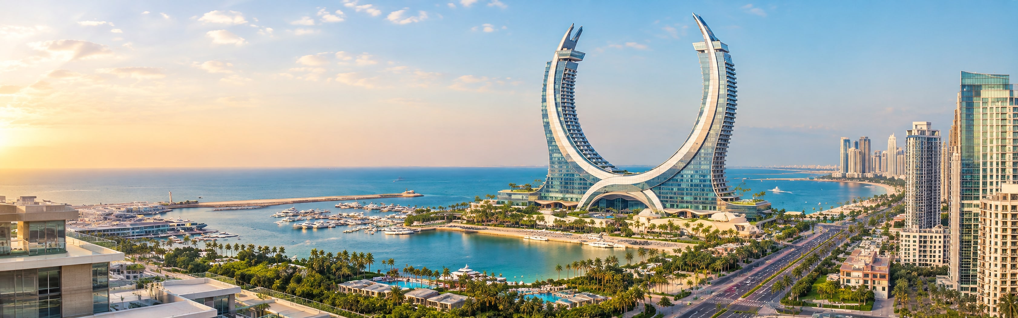 Katara Towers and the marina at Lusail, Qatar